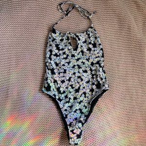 topshop one piece swimsuit black daisy print